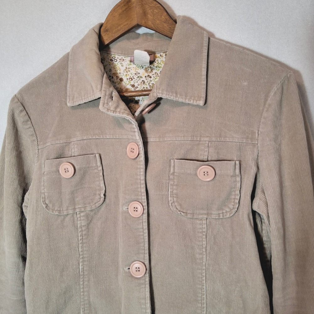 Vtg Tan Beige Corduroy Cropped Jacket 3/4 Sleeve Floral Lining Made in‎ USA Med